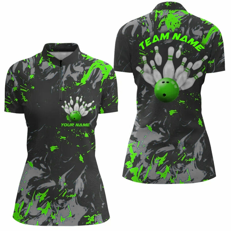 Black And Green Camo Bowling Team Shirts Custom Women Quarter Zip Bowling League Shirts