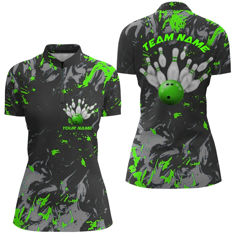 Black And Green Camo Bowling Team Shirts Custom Women Quarter Zip Bowling League Shirts
