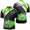 Black And Green Mens Bowling Shirt Quarter Zip Custom Flame Bowling Ball Fire Team Mens Bowler Jerseys