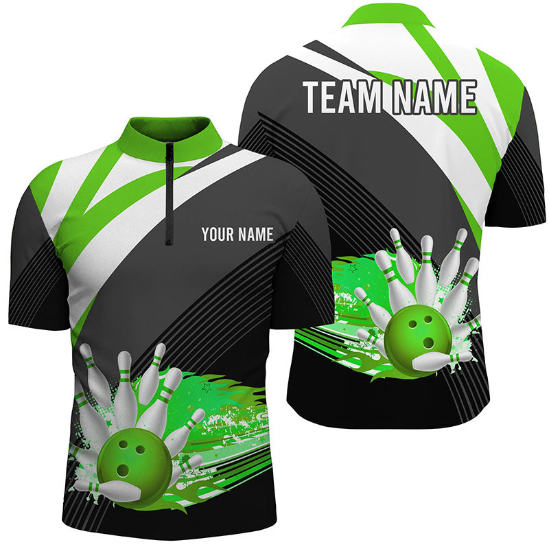 Black And Green Mens Bowling Shirt Quarter Zip Custom Flame Bowling Ball Fire Team Mens Bowler Jerseys