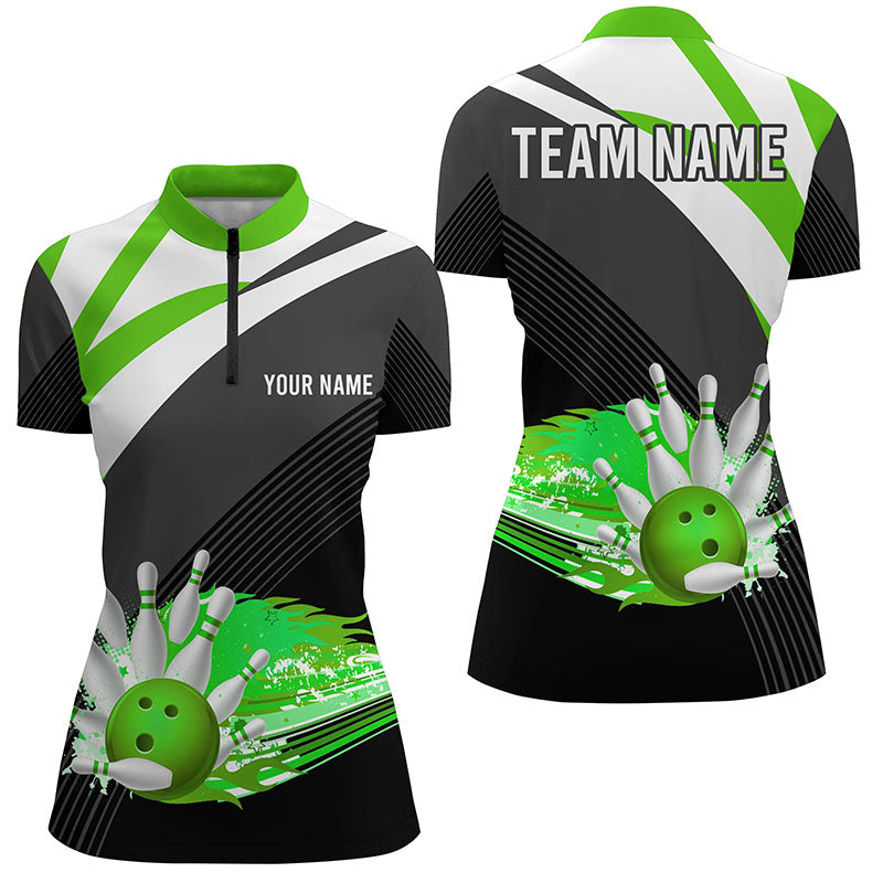 Black And Green Women'S Bowling Shirt Quarter-Zip Custom Flame Bowling Ball Fire Ladies Bowler Jerseys