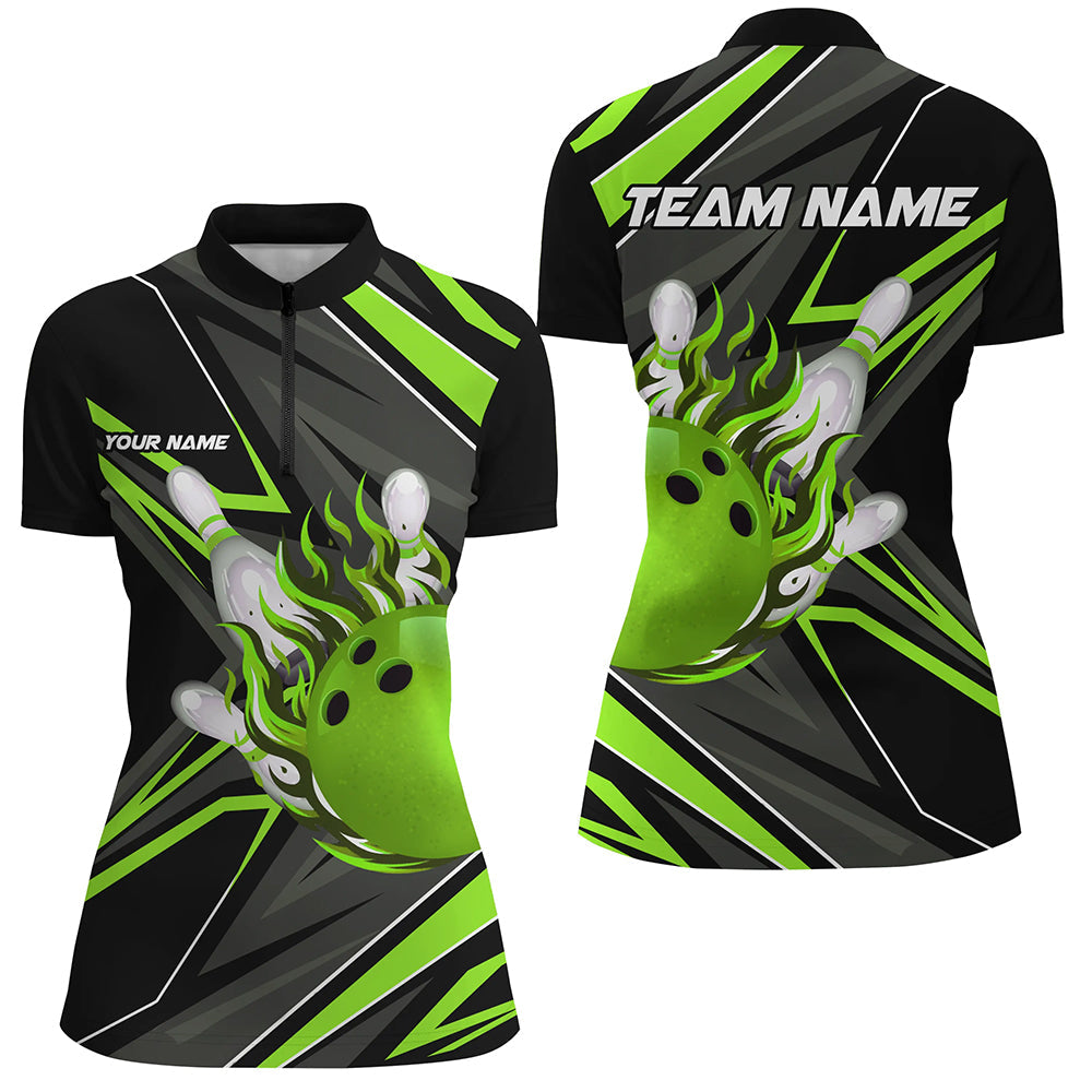 Black And Green Womens Bowling Quarter Zip Shirt Custom Bowling Ball Pins Flame Bowling Jerseys
