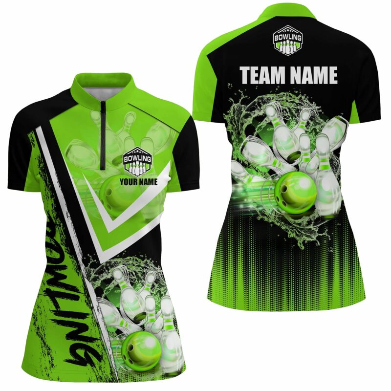 Black And Green Womens Bowling Quarter Zip Shirts Custom Team Bowling Jerseys Bowling Outfits