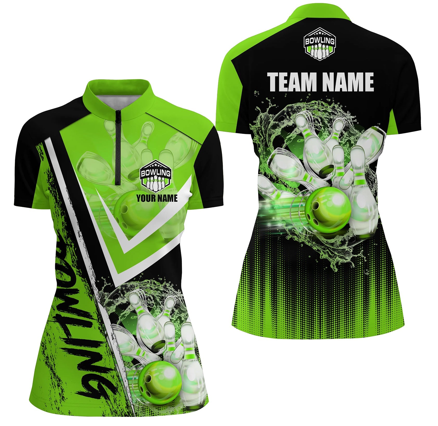 Black And Green Womens Bowling Quarter Zip Shirts Custom Team Bowling Jerseys Bowling Outfits, Custom Bowling Shirts, Bowling Gift Ideas 1 Black And Green Womens Bowling Quarter Zip Shirts Custom Team Bowling Jerseys Bowling Outfits