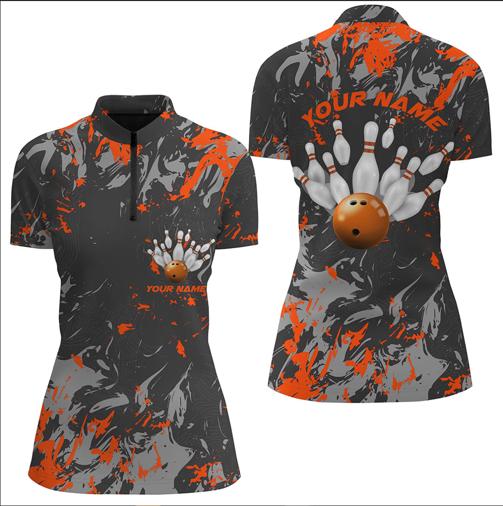 Black And Orange Camo Bowling Team Shirts Custom Women Quarter Zip Bowling League Shirts