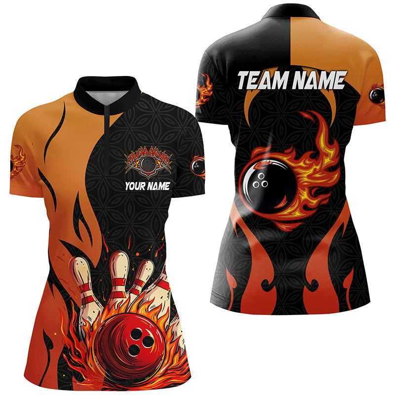 Black And Orange Flame Bowling Quarter Zip Shirts For Women Custom Team Bowling Jersey Bowl Gift