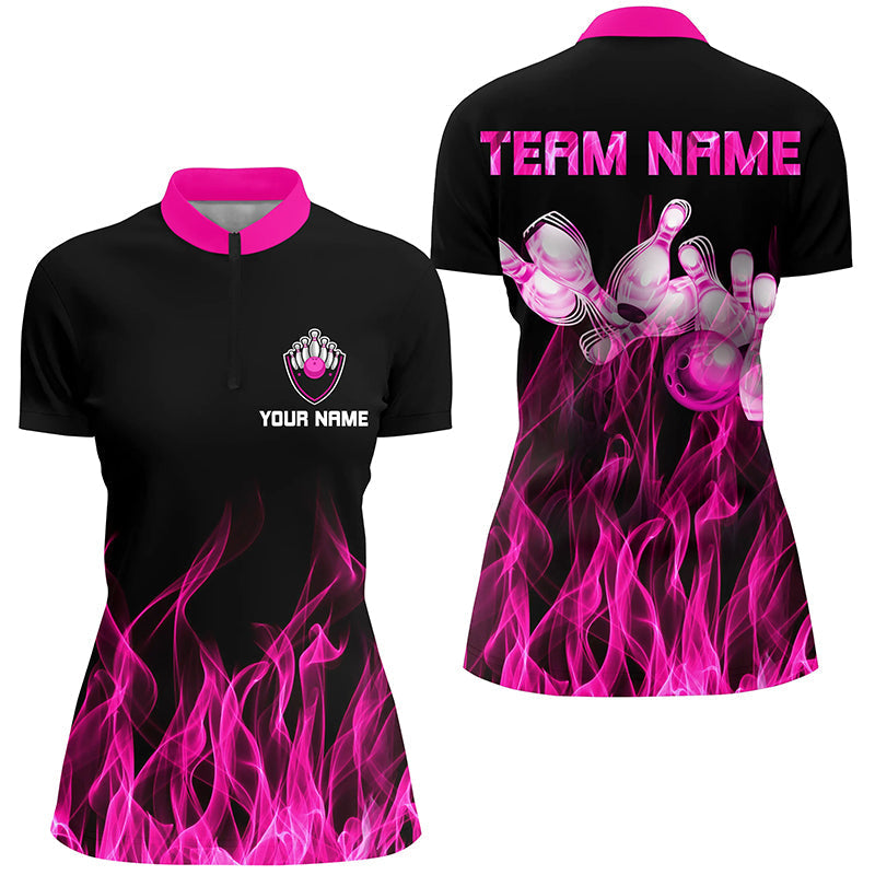 Black And Pink Flame Bowling Quarter-Zip Shirt Women Bowling Jerseys Personalized Bowling Team Shirts