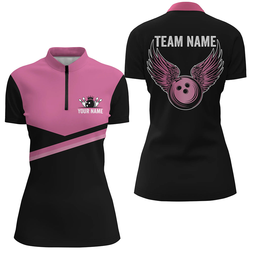 Black And Pink Women Bowling Quarter Zip Shirt Custom Team Bowling Jerseys