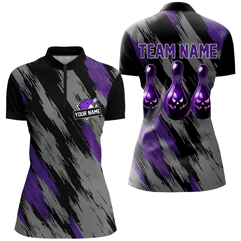 Black And Purple Camo Halloween Women Bowling Quarter Zip Shirt Custom Bowling Team Jerseys