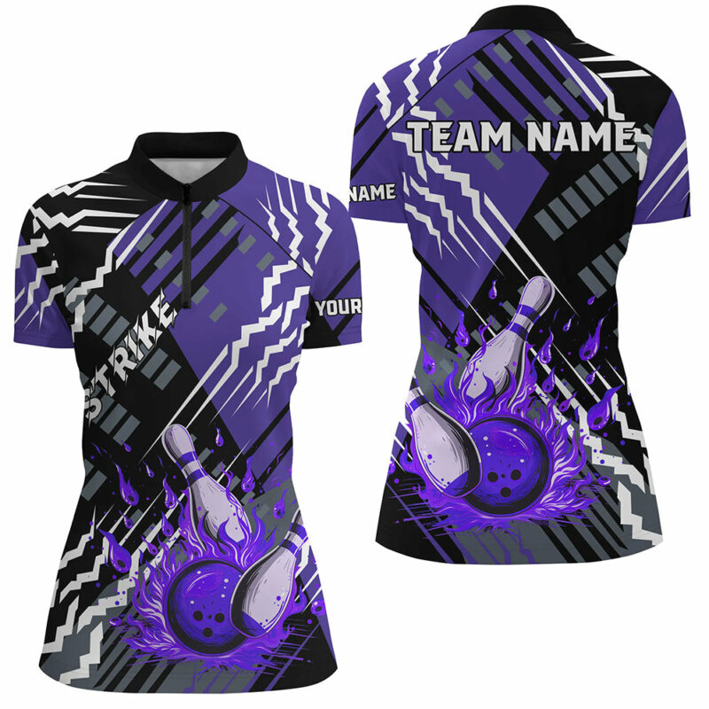 Black And Purple Strike Womens Bowling Quarter Zip Shirts Custom Bowling Jerseys For Bowlers