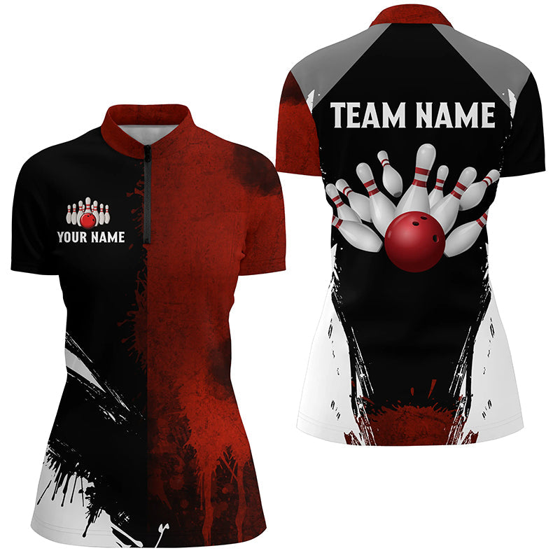 Black And Red Bowling Quarter Zip Shirt For Women Custom Bowling Team Jerseys