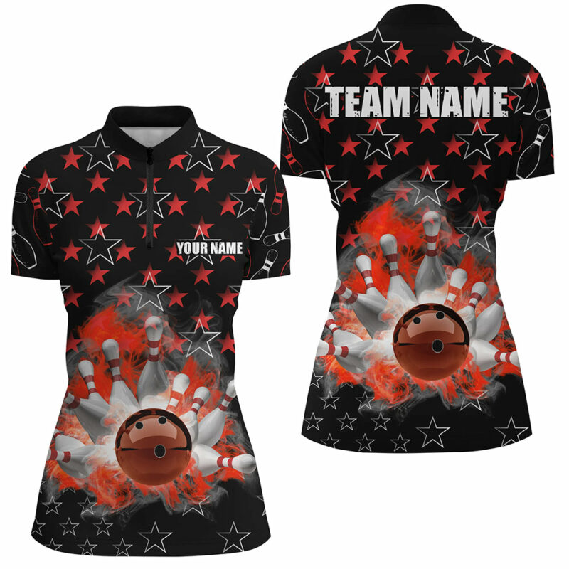 Black And Red Bowling Stars Pattern Custom Women Bowling Quarter Zip Shirt