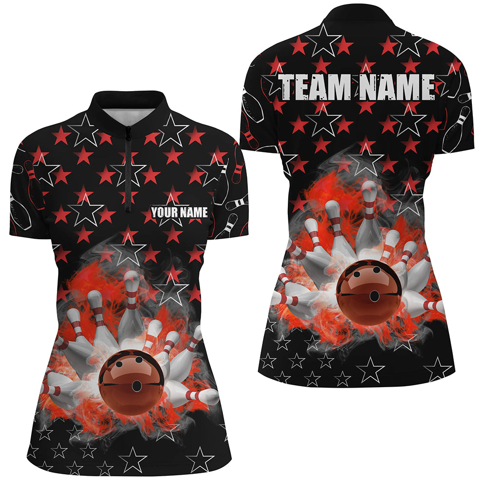 Black And Red Bowling Stars Pattern Custom Women Bowling Quarter Zip Shirt