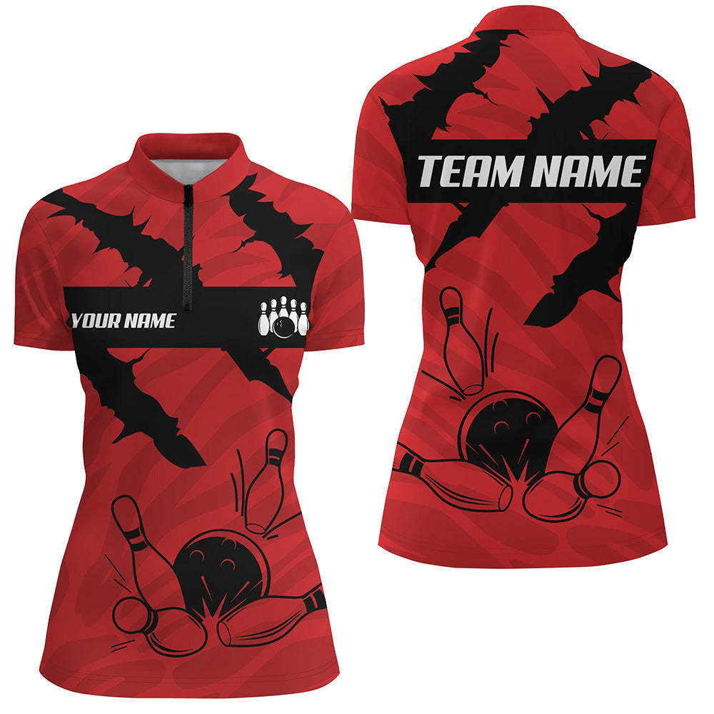 Black And Red Camo Women Bowling Quarter Zip Shirts Custom Team Bowling Jersey