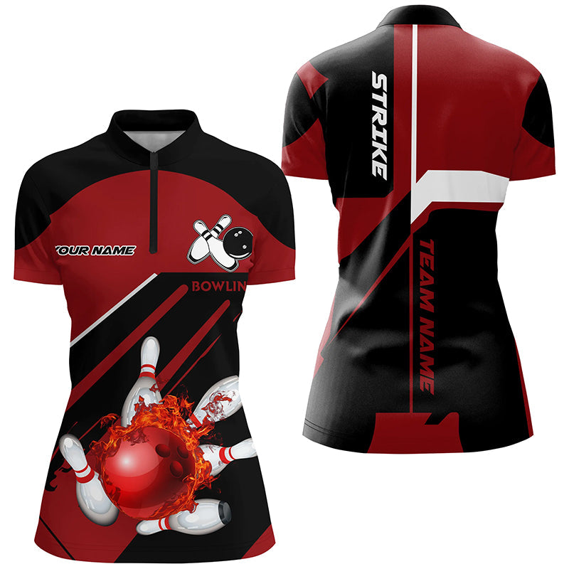 Black And Red Flame Bowling Jerseys Women Strike Bowling Custom Bowling Quarter-Zip Shirts