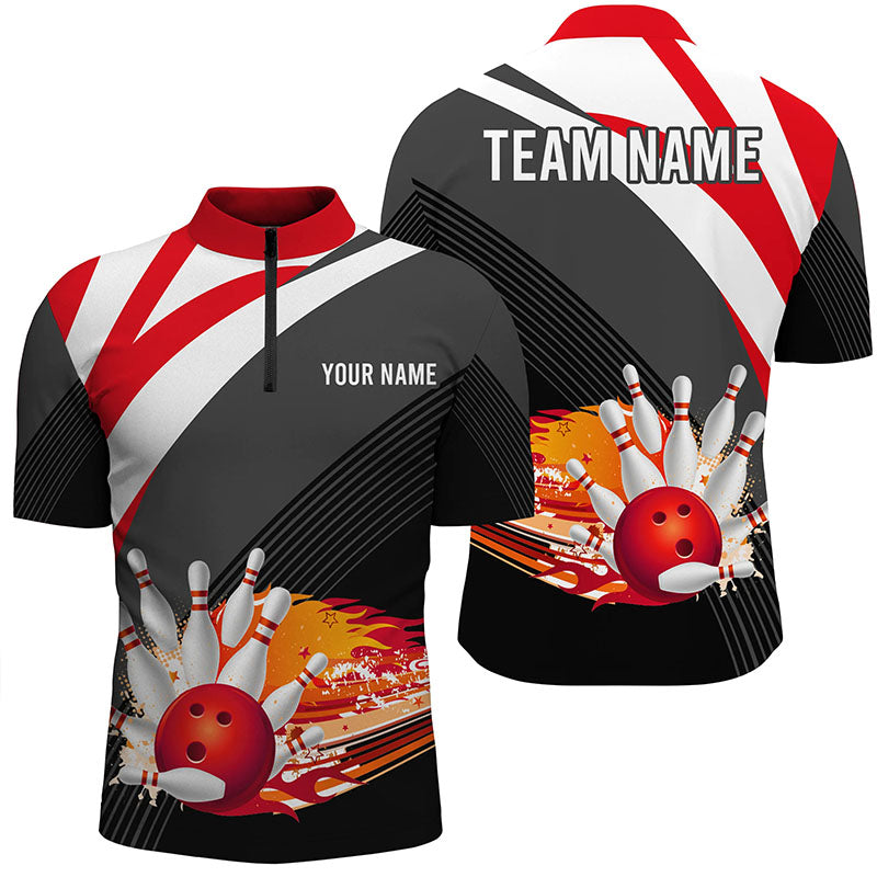 Black And Red Men'S Bowling Shirt Quarter Zip Custom Flame Bowling Ball Fire Team Mens Bowlers Jerseys