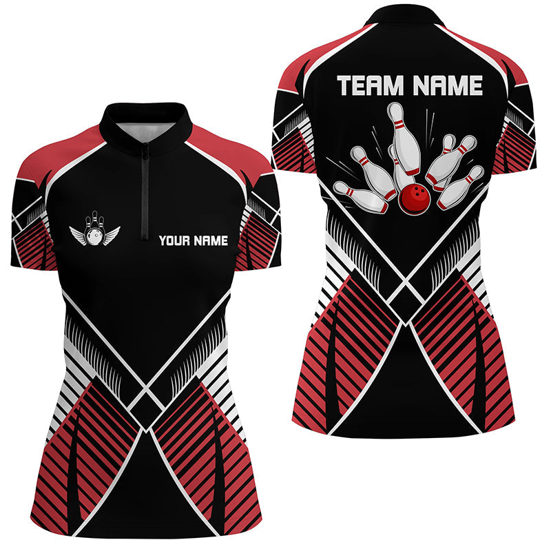 Black And Red Retro Bowling Quarter Zip Shirts For Women Custom Team Bowling League Jerseys