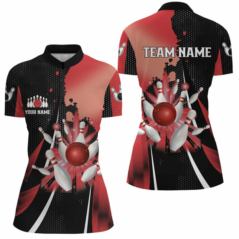 Black And Red Retro Womens Quarter Zip Shirts Custom Bowling Ball And Pins Team Bowling Jerseys