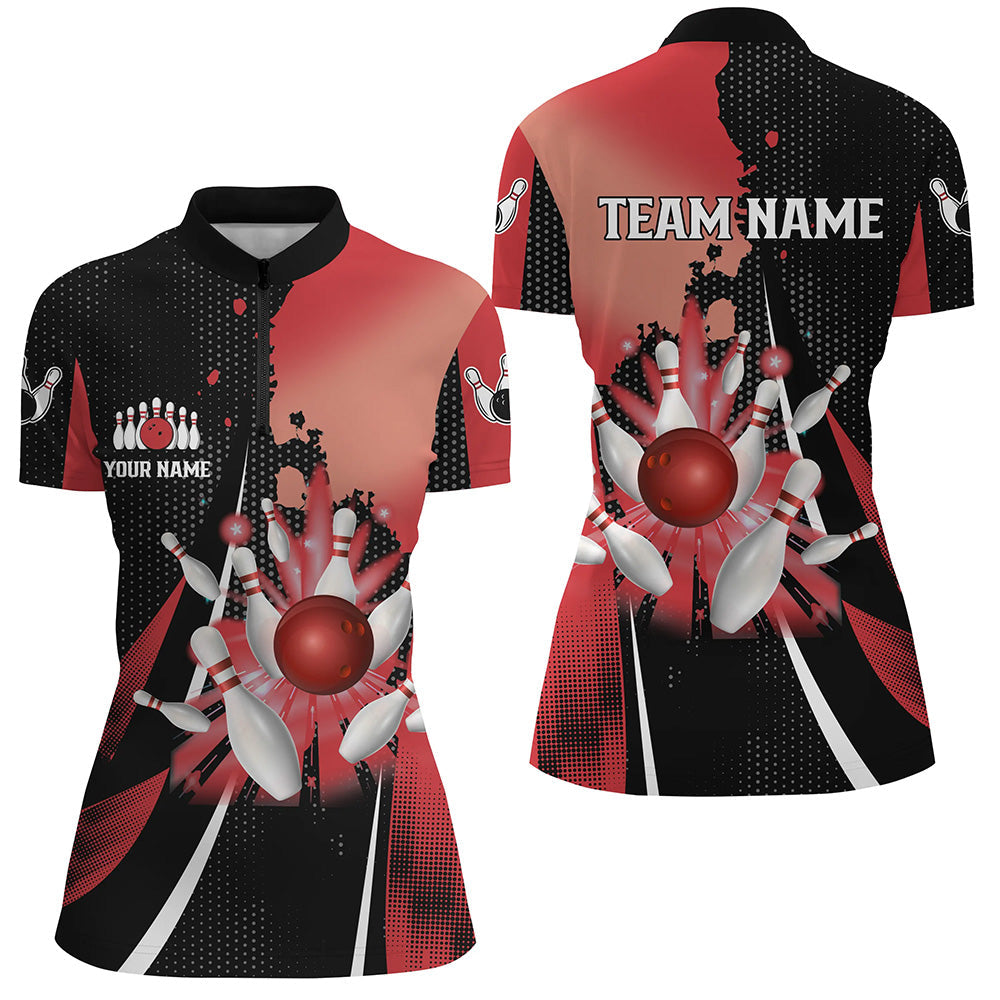 Black And Red Retro Womens Quarter Zip Shirts Custom Bowling Ball And Pins Team Bowling Jerseys
