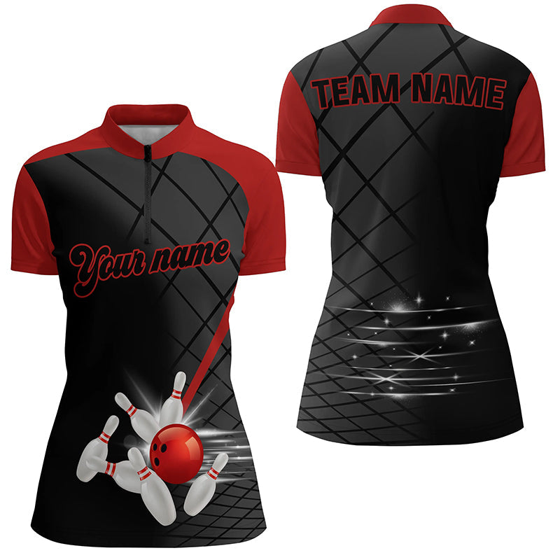 Black And Red Team Bowling League Jerseys Custom Women Bowling Quarter Zip Shirt