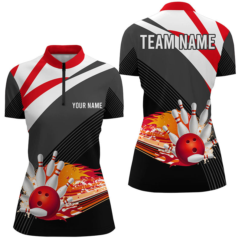 Black And Red Women'S Bowling Shirt Quarter-Zip Custom Flame Bowling Ball Fire Ladies Bowlers Jerseys