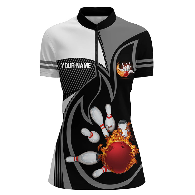 Black And White Bowling Quarter Zip Shirt For Women Custom Red Flame Team Bowling Ball Pins Jerseys