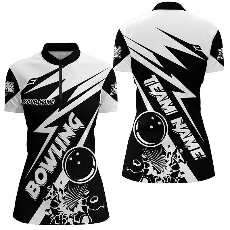 Black And White Bowling Quarter Zip Shirts For Women Custom Bowling Team League Jerseys
