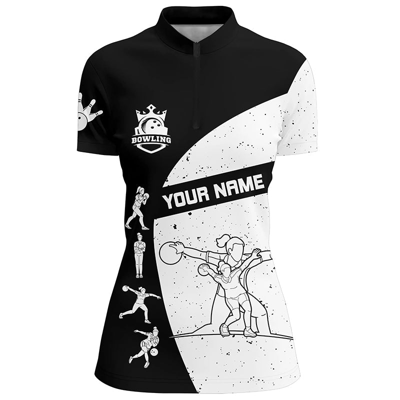Black And White Bowling Quarter Zip Shirts For Women Custom Bowling Team League Shirt Bowl Gifts