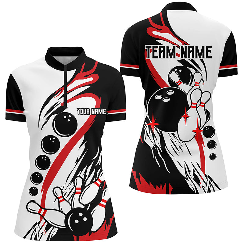 Black And White Retro Bowling League Jerseys Custom Women Bowling Quarter Zip Shirt