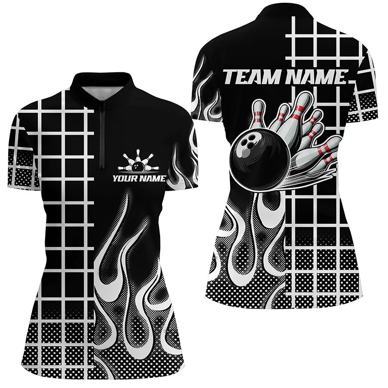 Black And White Retro Bowling Quarter Zip Shirt For Women Custom Bowling Team League Jerseys