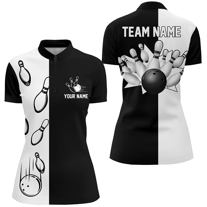 Black And White Retro Vintage Bowling Quarter Zip Shirts For Women Custom Bowling Team Jerseys