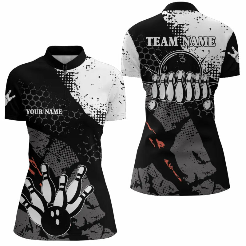 Black And White Womens Bowling Quarter Zip Shirt Custom Retro Bowling Ball Pins Bowling Team Jerseys