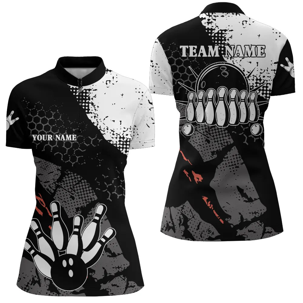 Black And White Womens Bowling Quarter Zip Shirt Custom Retro Bowling Ball Pins Bowling Team Jerseys