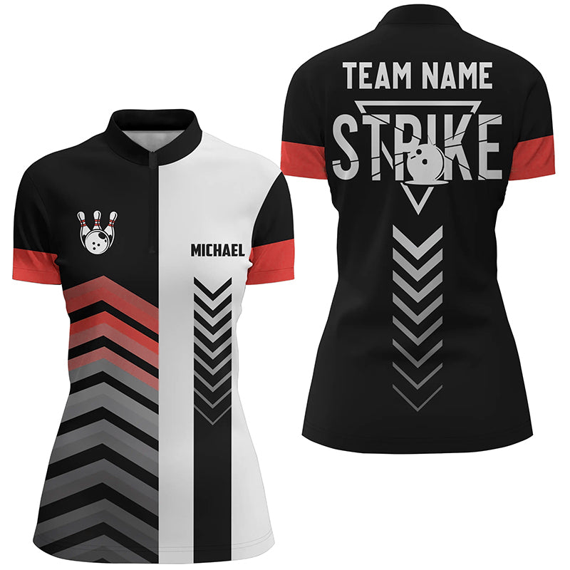 Black And White Womens Quarter Zip Shirt Custom Retro Bowling Ball Pins Team League Jerseys  Red