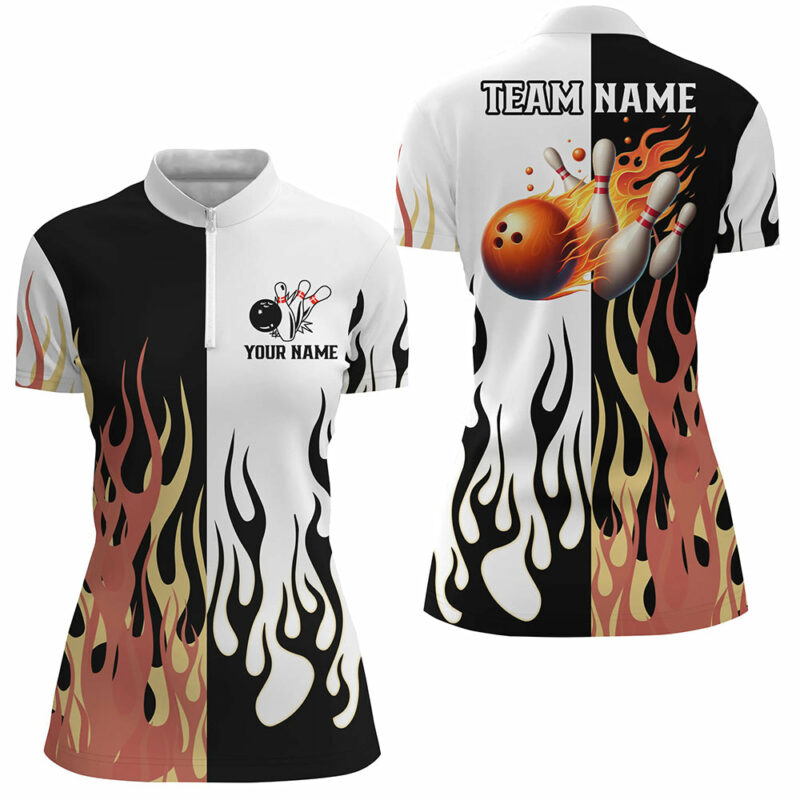 Black And White Womens Quarter Zip Shirts Custom Flame Bowling Team Jerseys