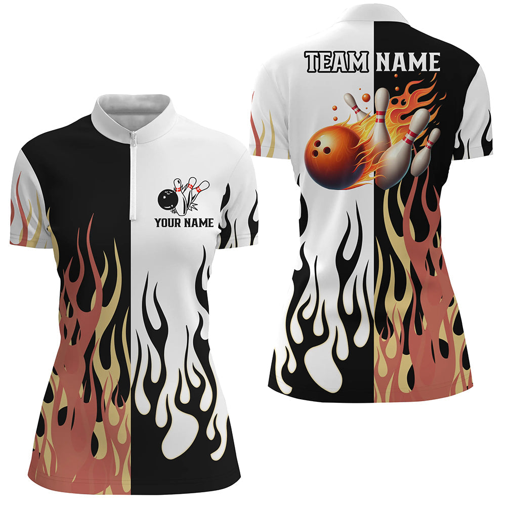 Black And White Womens Quarter Zip Shirts Custom Flame Bowling Team Jerseys