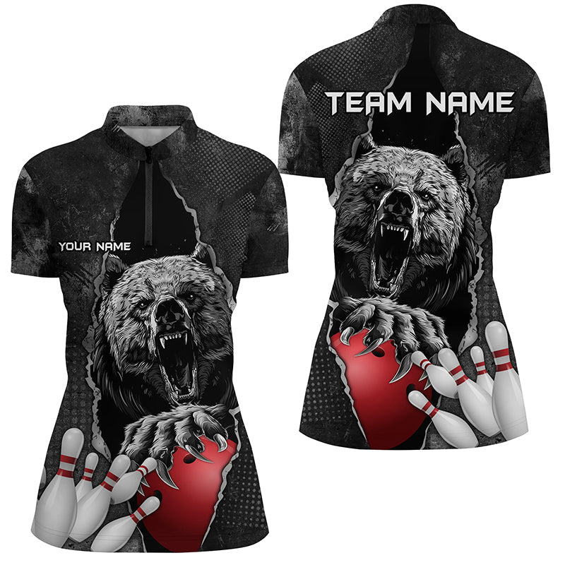 Black Bear Grunge Pattern Custom Women Bowling Quarter Zip Shirts Bowling Team Jerseys Outfits