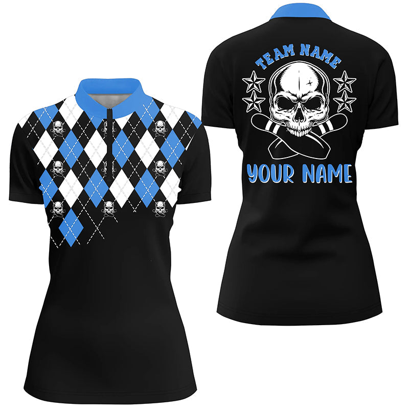 Black Blue Argyle Pattern Bowling Skull Custom Bowling Quarter Zip Shirts For Women