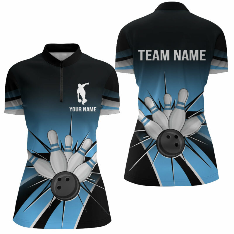 Black&Blue Bowling Quarter-Zip Shirt Vintage Custom Bowling Jersey Women Bowling Team League Shir