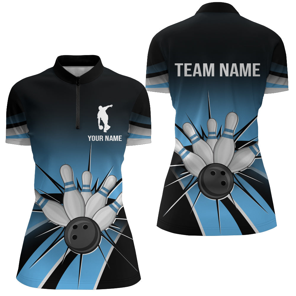 Black&Blue Bowling Quarter-Zip Shirt Vintage Custom Bowling Jersey Women Bowling Team League Shir
