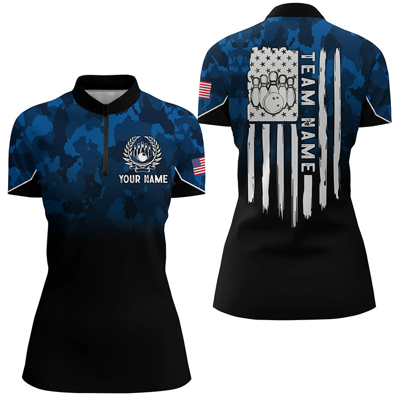 Black Blue Camo Womens Bowling Quarter Zip Shirt Custom American Flag Patriotic Bowling Team Jerseys