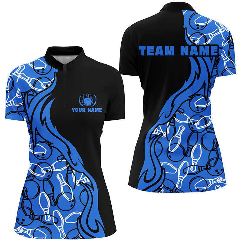Black Blue Pattern Bowling Quarter Zip Shirts For Women