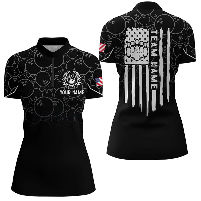 Black Bowling Camo Women Bowling Quarter Zip Shirt Custom American Flag Patriotic Bowling Team Jersey