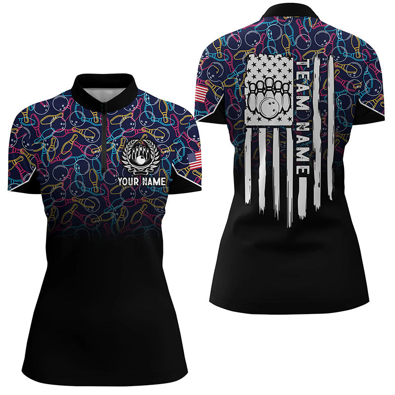 Black Bowling Camo Women Bowling Quarter Zip Shirt Custom American Flag Patriotic Bowling Team Jerseys
