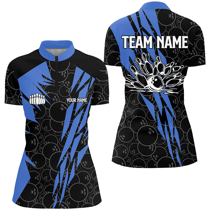 Black Bowling Camo Womens Bowling Quarter Zip Shirt Custom Bowling Strike Team League Jersey  Blue