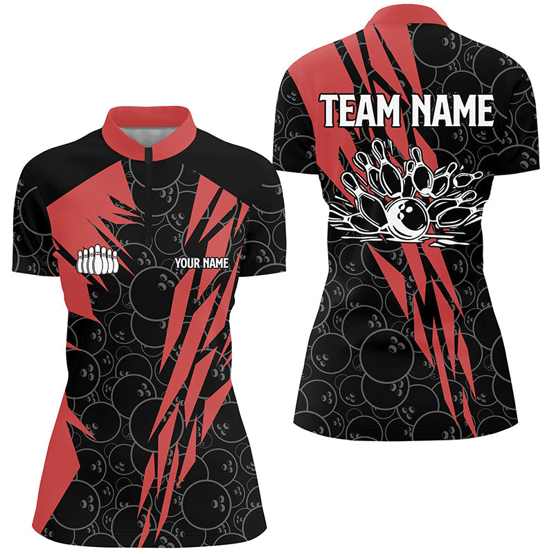 Black Bowling Camo Womens Bowling Quarter Zip Shirt Custom Bowling Strike Team League Jersey  Red