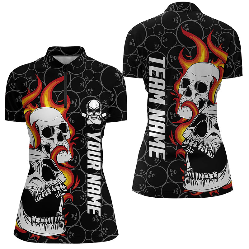 Black Camo Bowling Quarter Zip Shirts For Women Custom Flame Skull Bowling Team League Jerseys