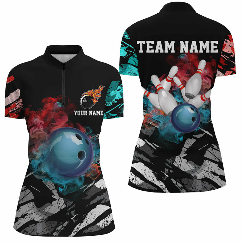 Black Camo Smoke Bowling Ball Pins Custom Women Bowling Quarter Zip Shirt