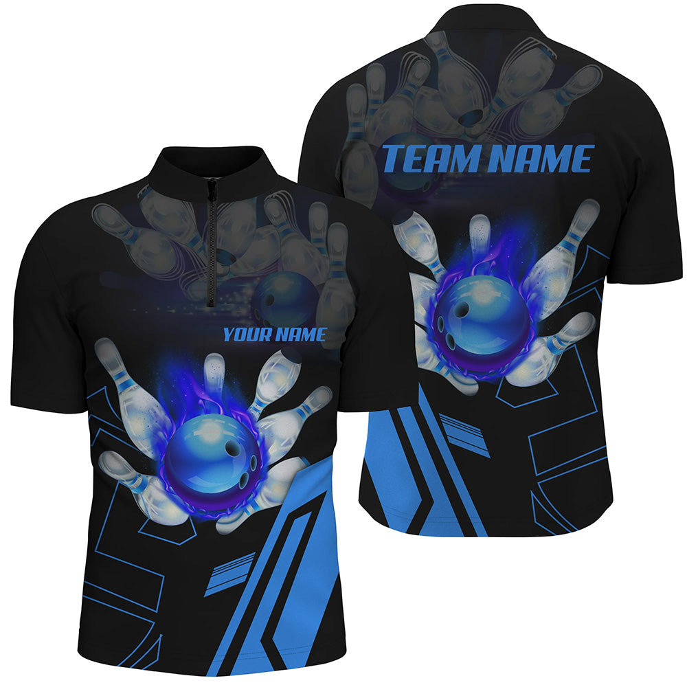 Black Flame Bowling Ball And Pins Jerseys Custom Team League Bowling Quarter Zip Shirts For Men Blue