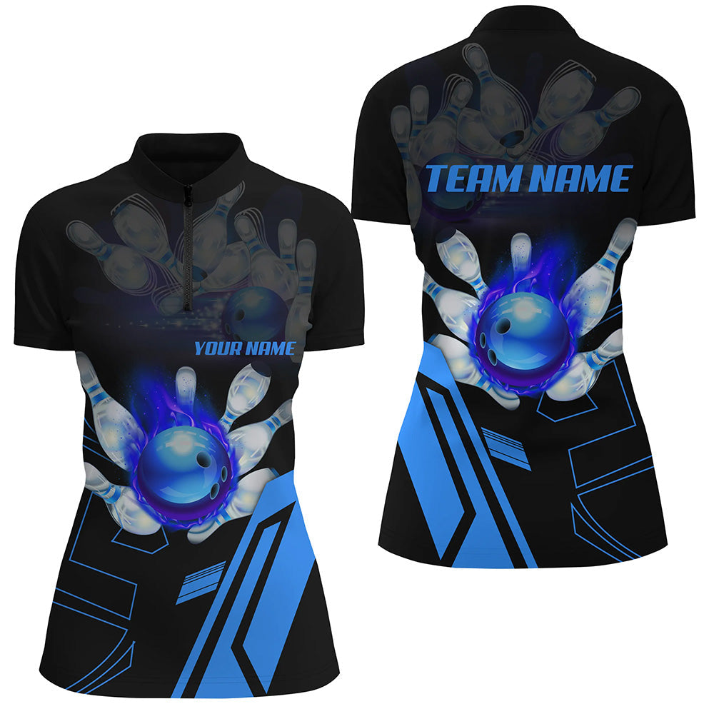 Black Flame Bowling Ball Pins Jerseys Custom Team League Bowling Quarter Zip Shirts For Women  Blue